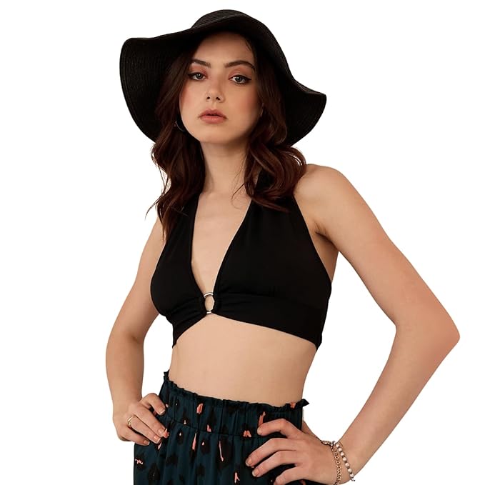 Berrylush Women Solid Black Halter Neck Front Metal Ring Backless